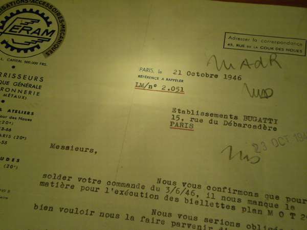 Paris, le 21 Oct 1946 - Etablissements BUGATTI - PARIS